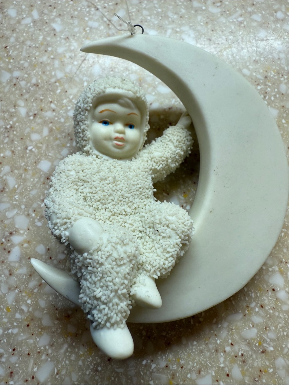 Vintage Dept. 56 “ Moon Beam” 1999 Flocked Snowbabies on Crescent Moon Ornament